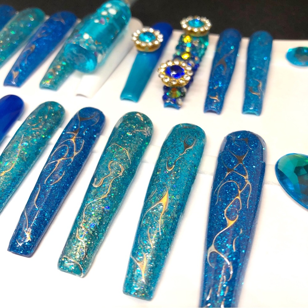 Handmade Press On Nails 2X Long Coffin Custom Hypnotic Blue Nails Full S… - Picture 5 of 10